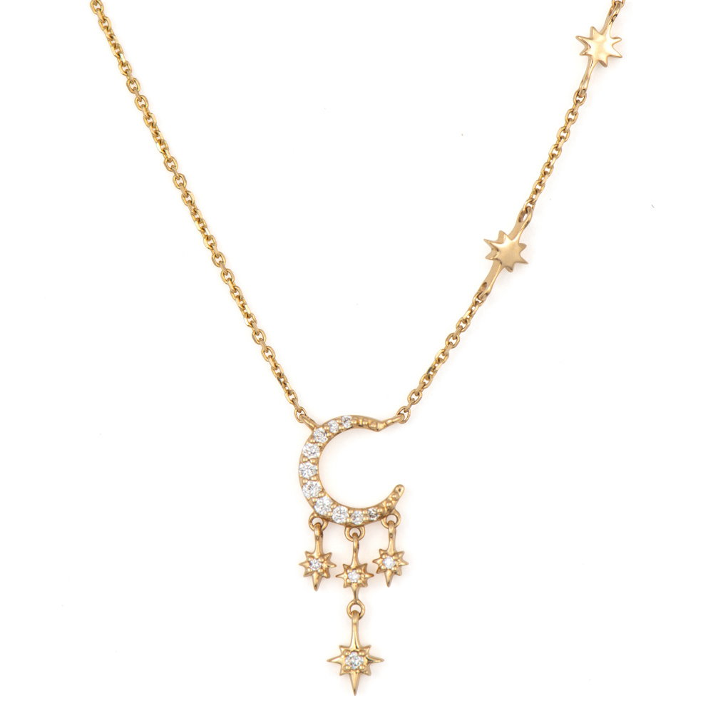 JEWELRY Night Sky Moon and Stars Delicate Necklace in Yellow Gold Three Stories Jewelry