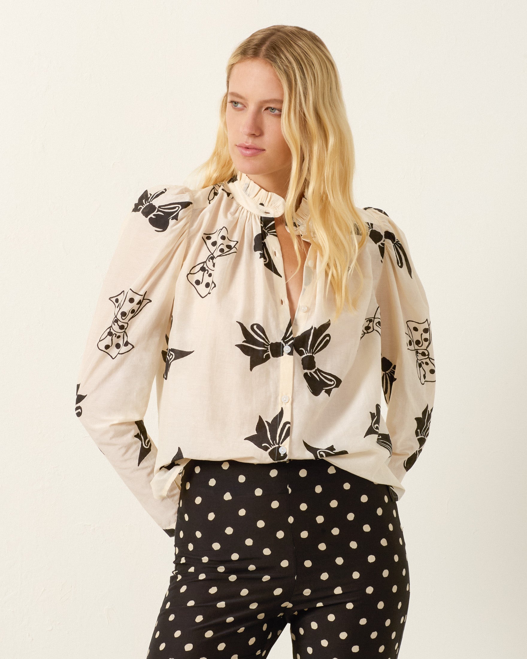 BLOUSES/SHIRTS/TOPS Artemis Black Tie Shirt in Off-White Alix of Bohemia