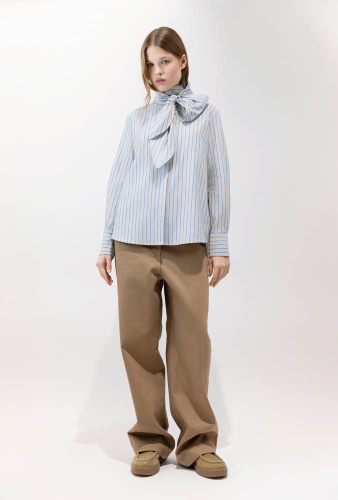 BLOUSES/SHIRTS/TOPS Bow Button Down in Oatmeal Stripe Psophia
