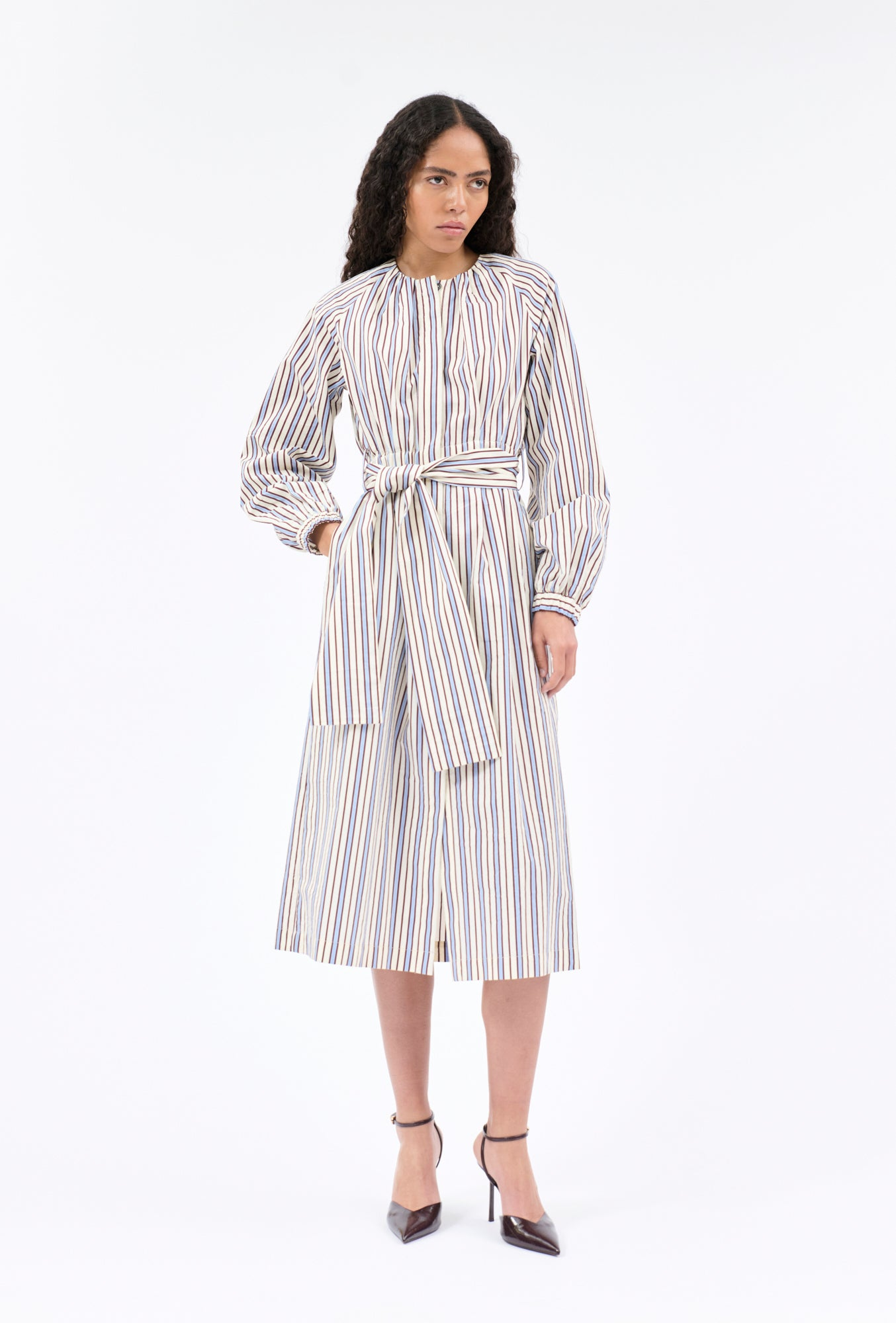 DRESSES/JUMPSUITS Fancy Stripe Belted Dress in Baltic Blue Odeeh