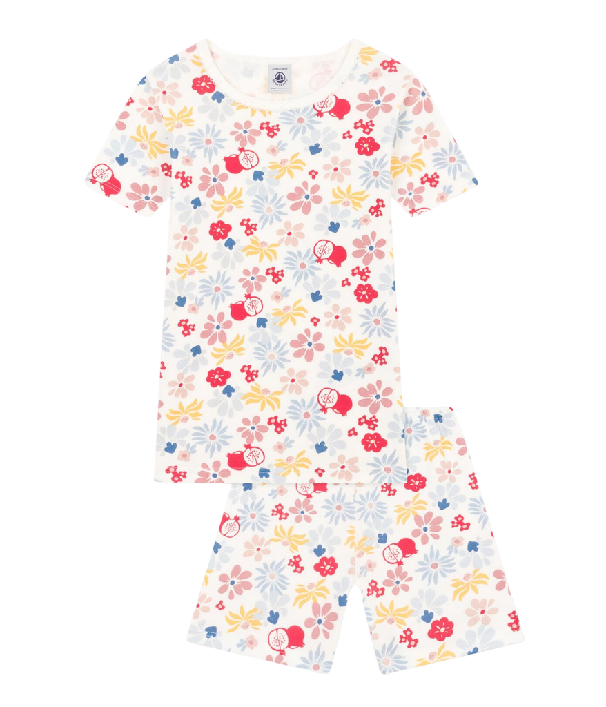 CHILDREN'S APPAREL Short Sleeve Floral Pajama Set in White Petit Bateau