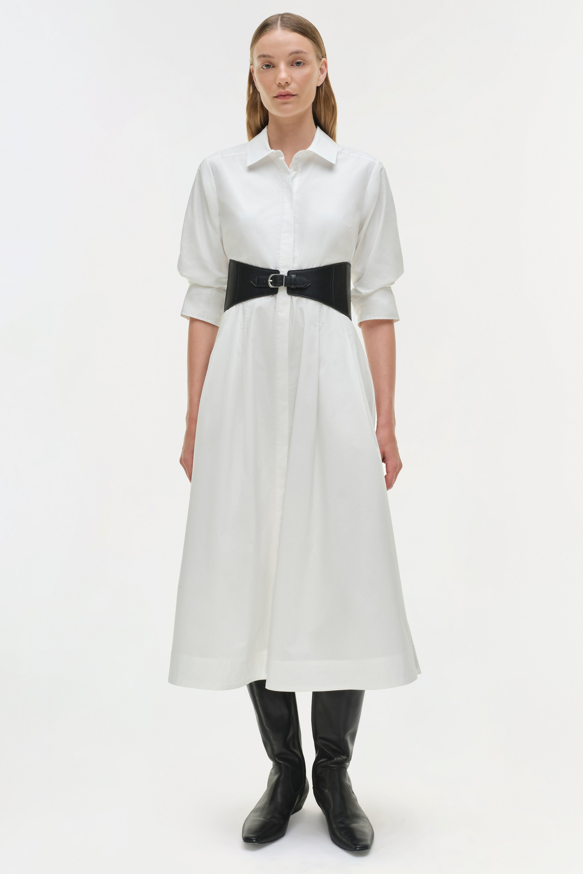 DRESSES/JUMPSUITS Olson Belted Midi Dress in White Simkhai
