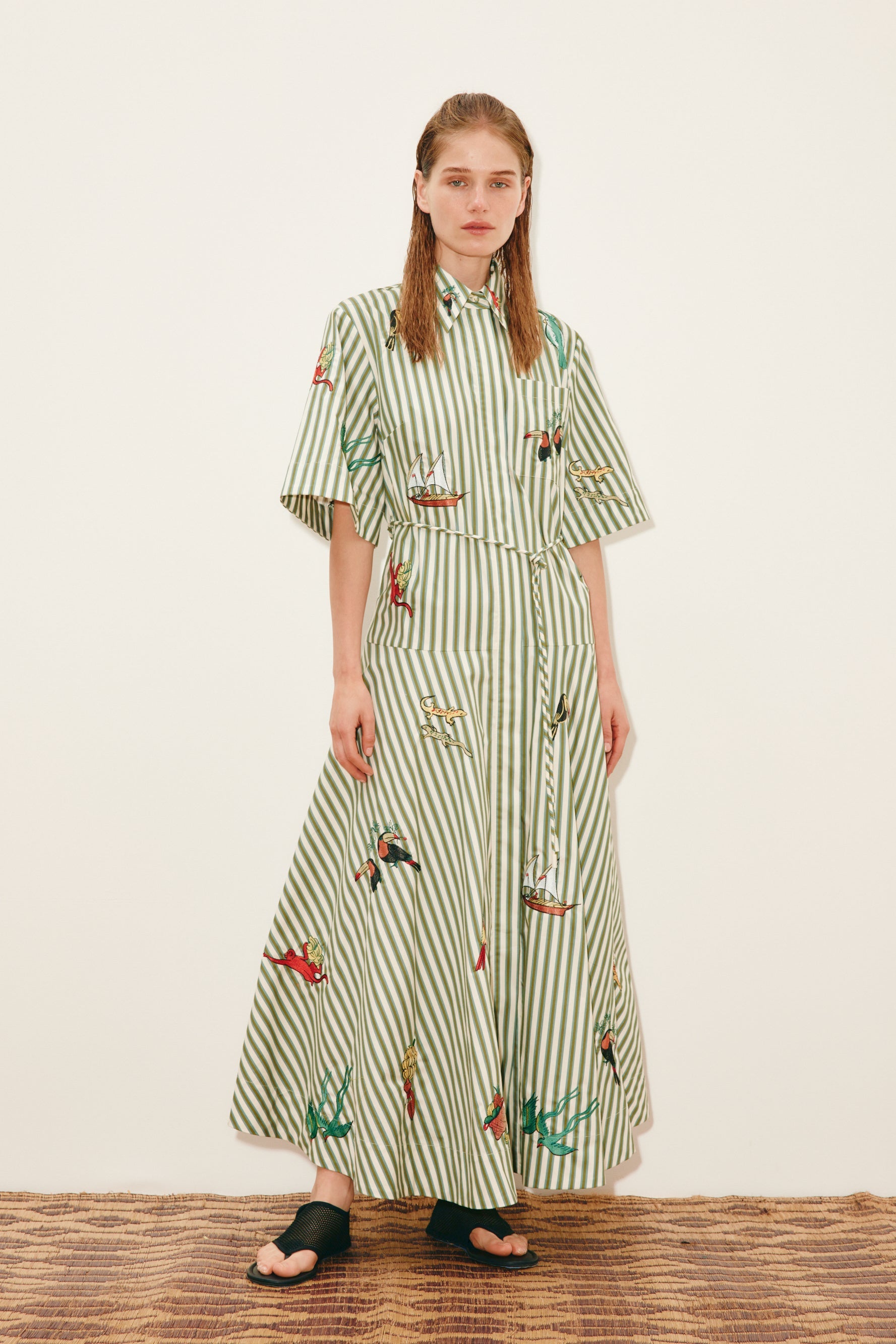DRESSES/JUMPSUITS Bisou Embroidered Shirtdress in Green Stipe Alemais