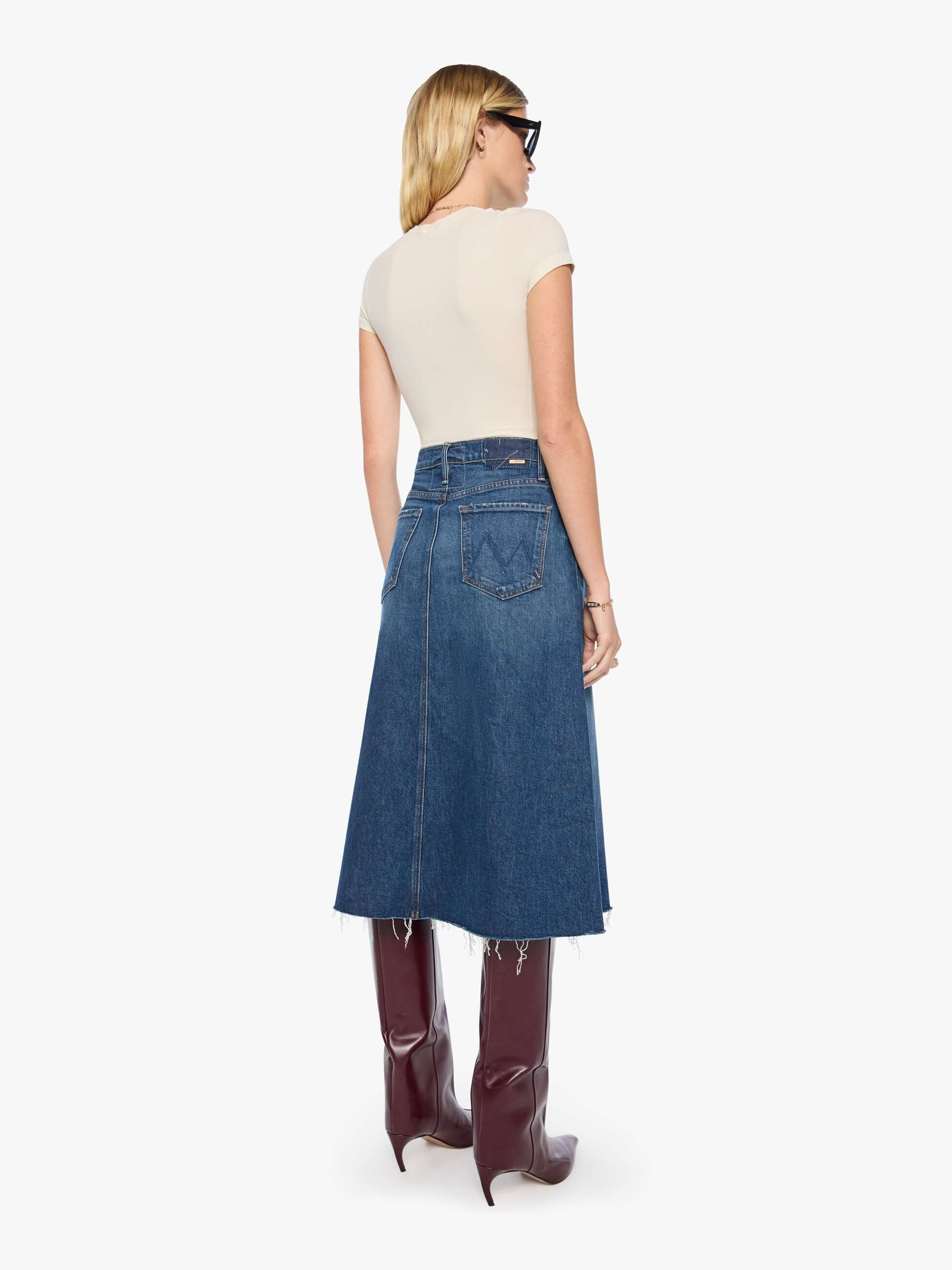 DENIM The Circle Midi Fray Denim Skirt in Buckaroo Mother