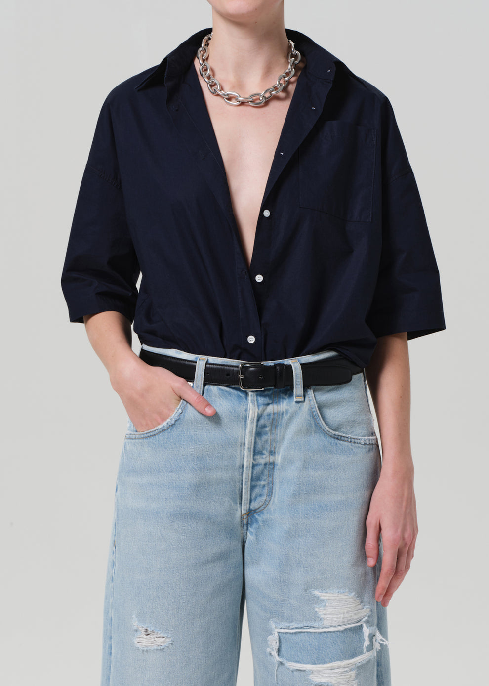 BLOUSES/SHIRTS/TOPS Frances Cropped Cape Button Up in Navy Citizens of Humanity