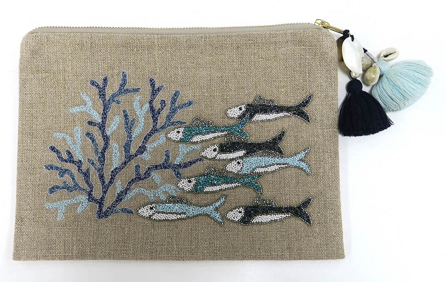 ACCESSORIES Large Beaded Blue Coral Fish Linen Pouch Benaras by Citrus