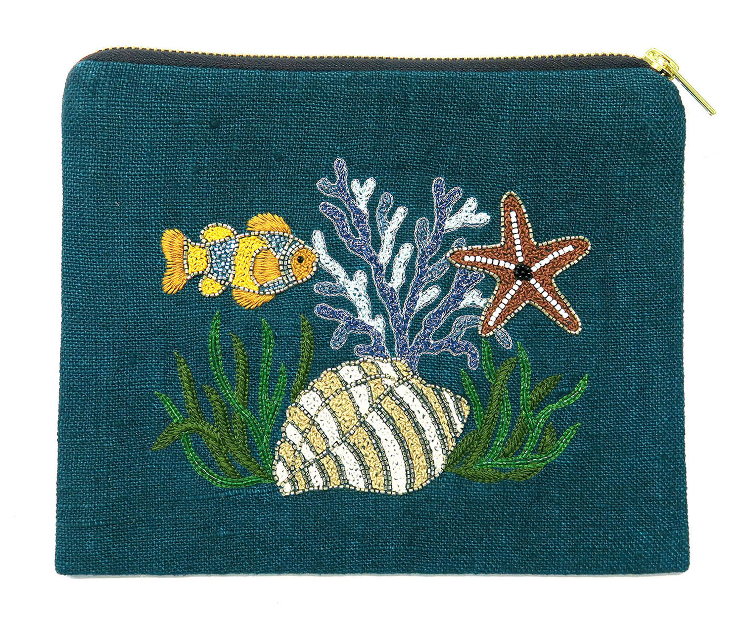 ACCESSORIES Beaded Nemo's World Linen Pouch in Green Benaras by Citrus