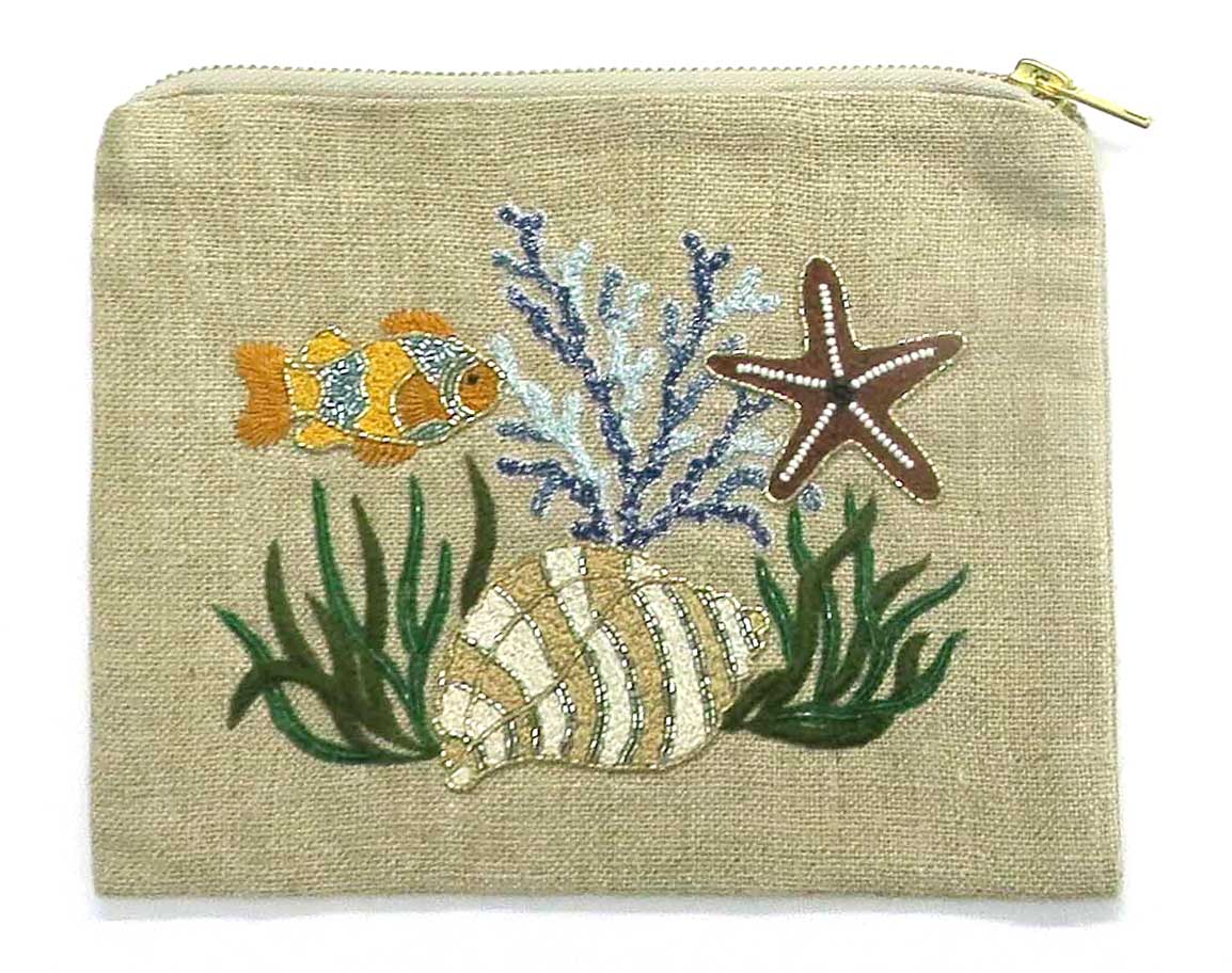 ACCESSORIES Beaded Nemo's World Linen Pouch in Beige Benaras by Citrus