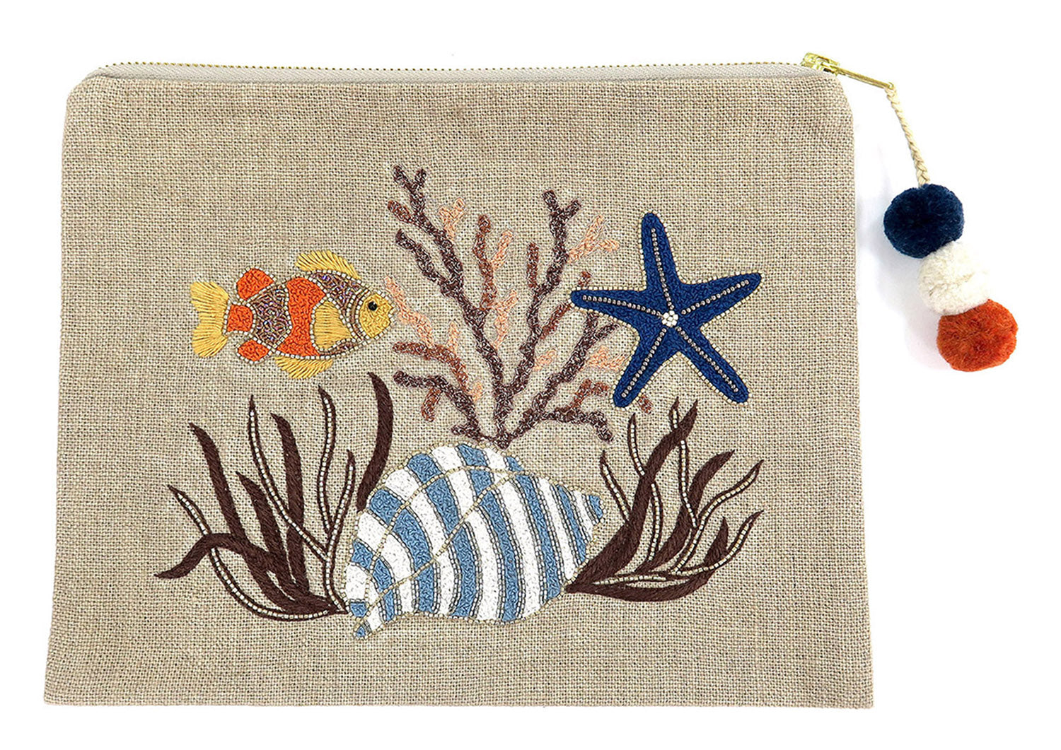 ACCESSORIES Large Beaded Big Coral Fish Linen Pouch Benaras by Citrus