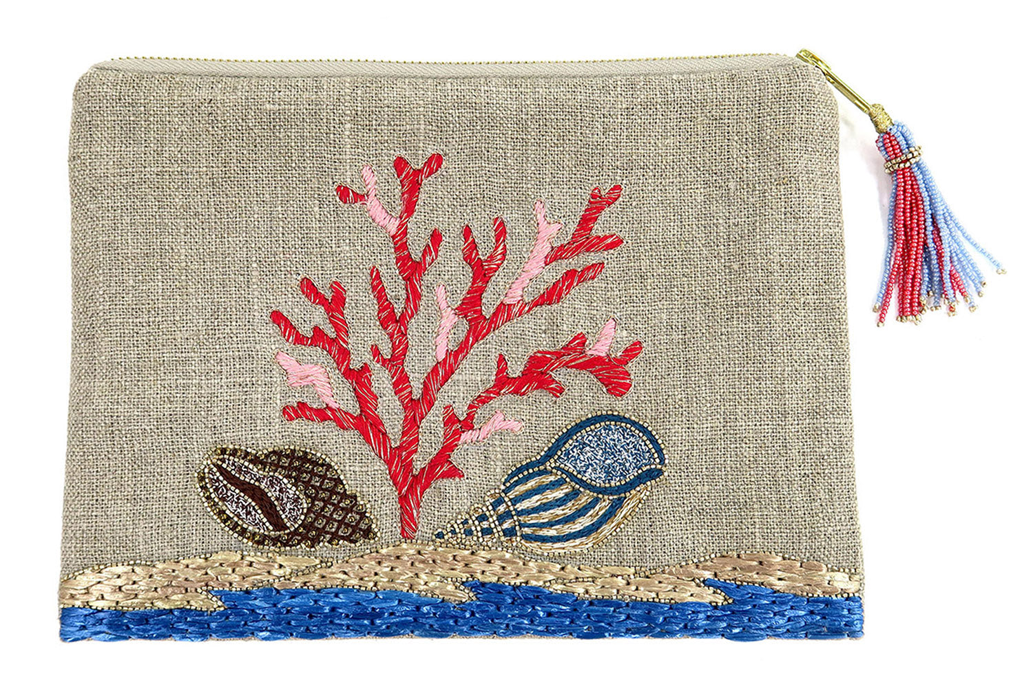 ACCESSORIES Large Beaded Shell Coral Linen Pouch Benaras by Citrus