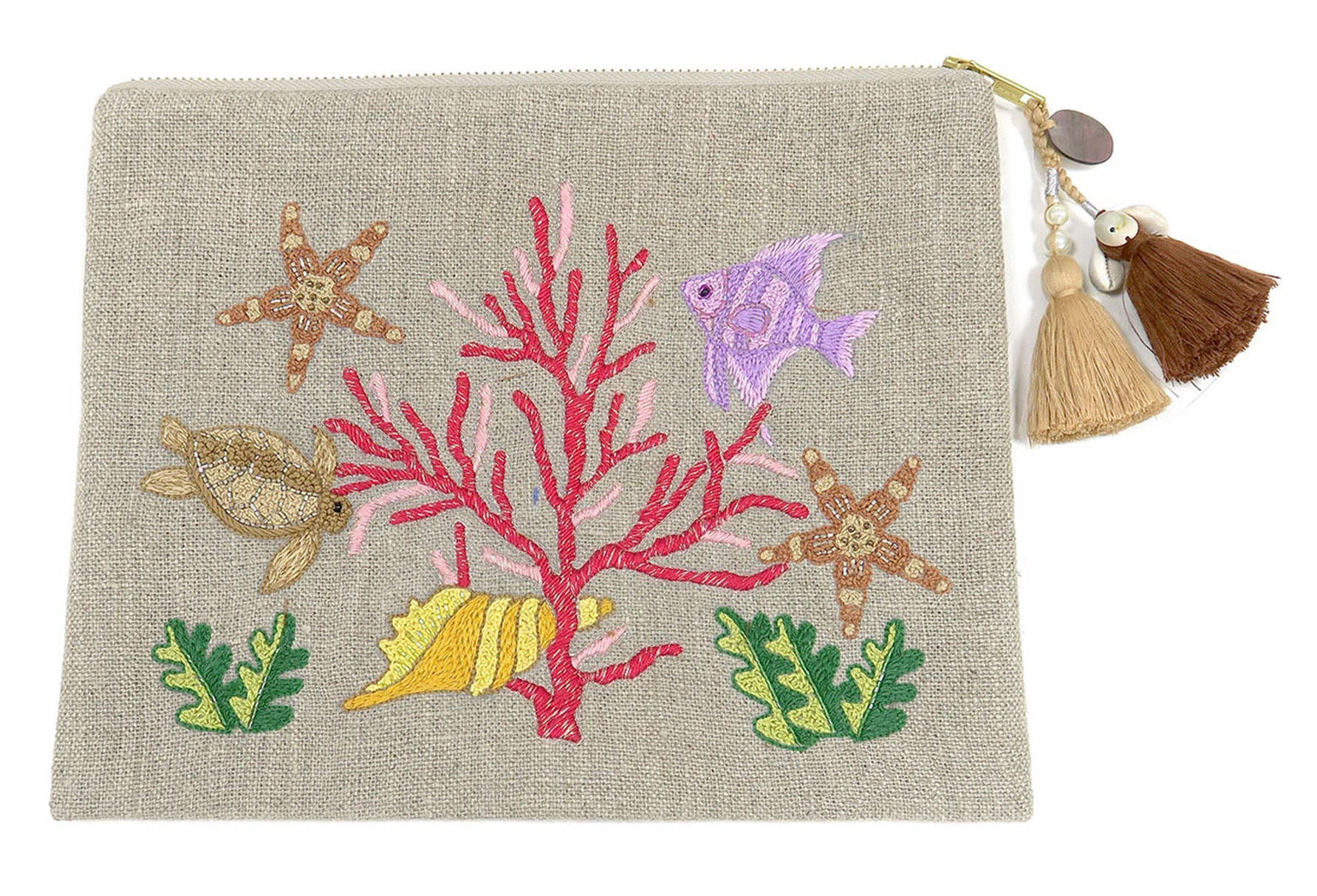 ACCESSORIES Large Beaded Sea Life Linen Pouch Benaras by Citrus