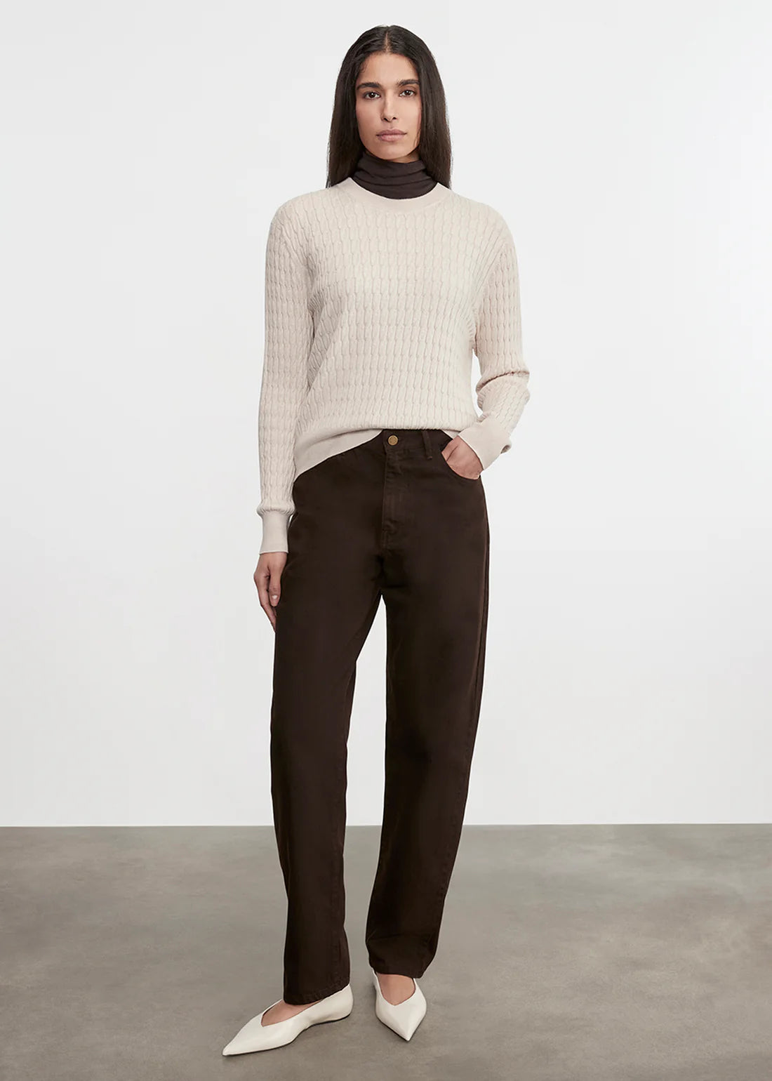 SWEATERS Cable Knit Easy Crew in Parchment Enza Costa