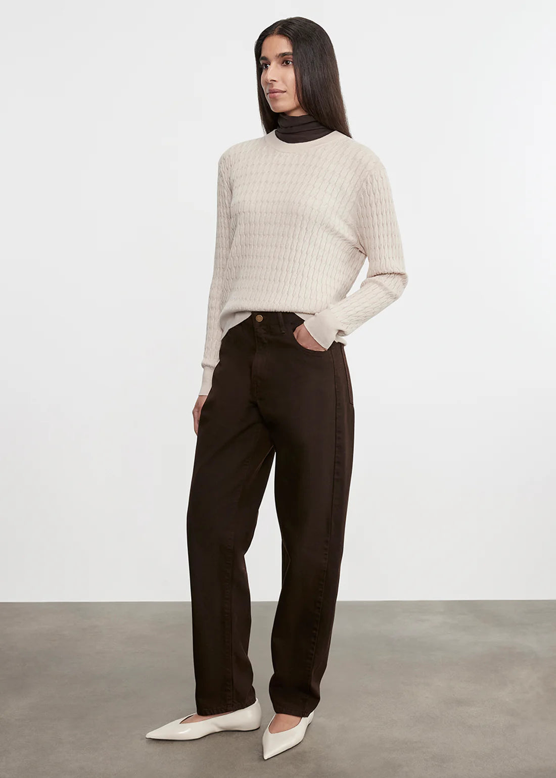 SWEATERS Cable Knit Easy Crew in Parchment Enza Costa
