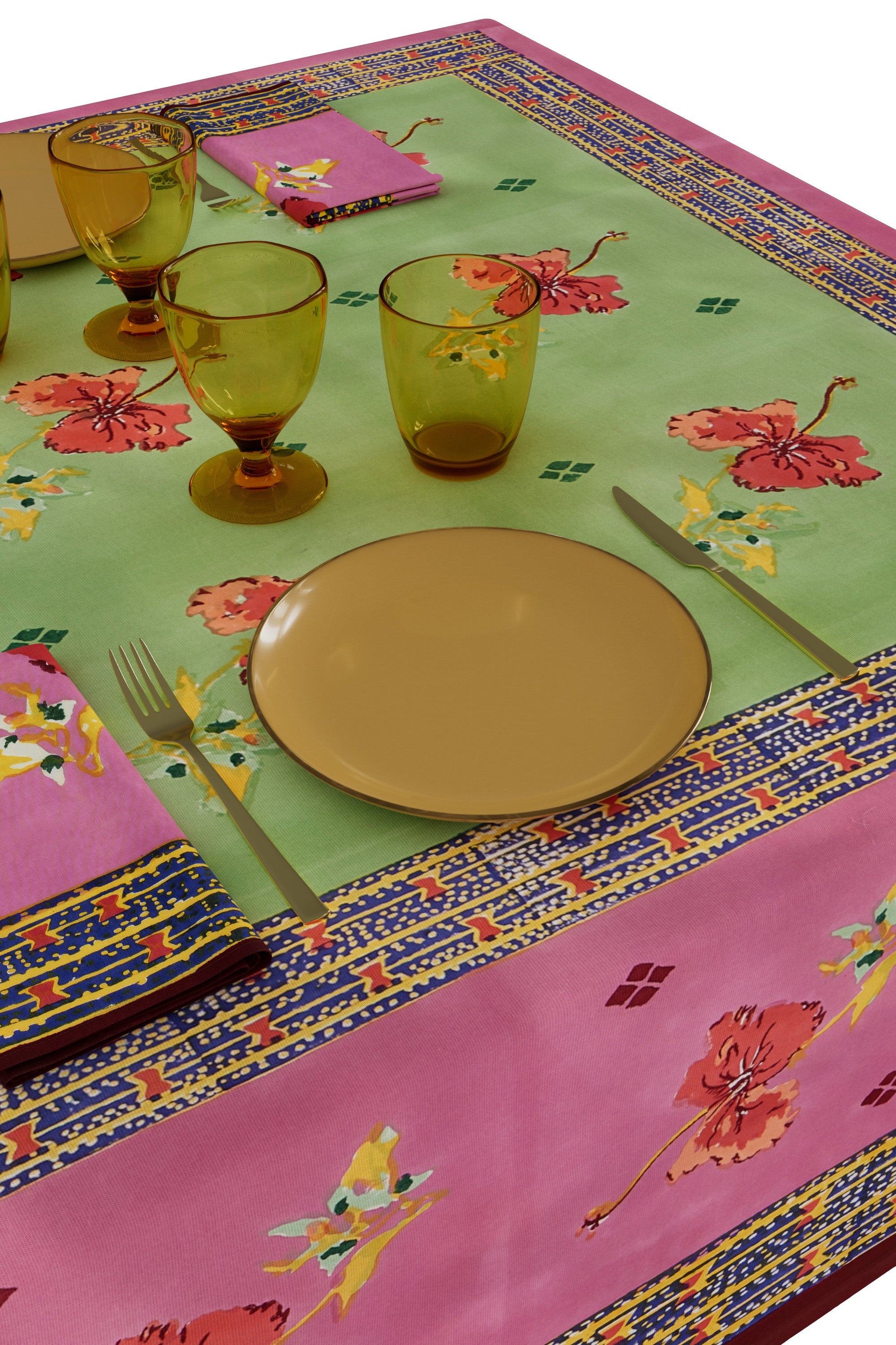 HOME DECOR Small Rectangular Tablecloth in Green and Pink Ibisco Lisa Corti