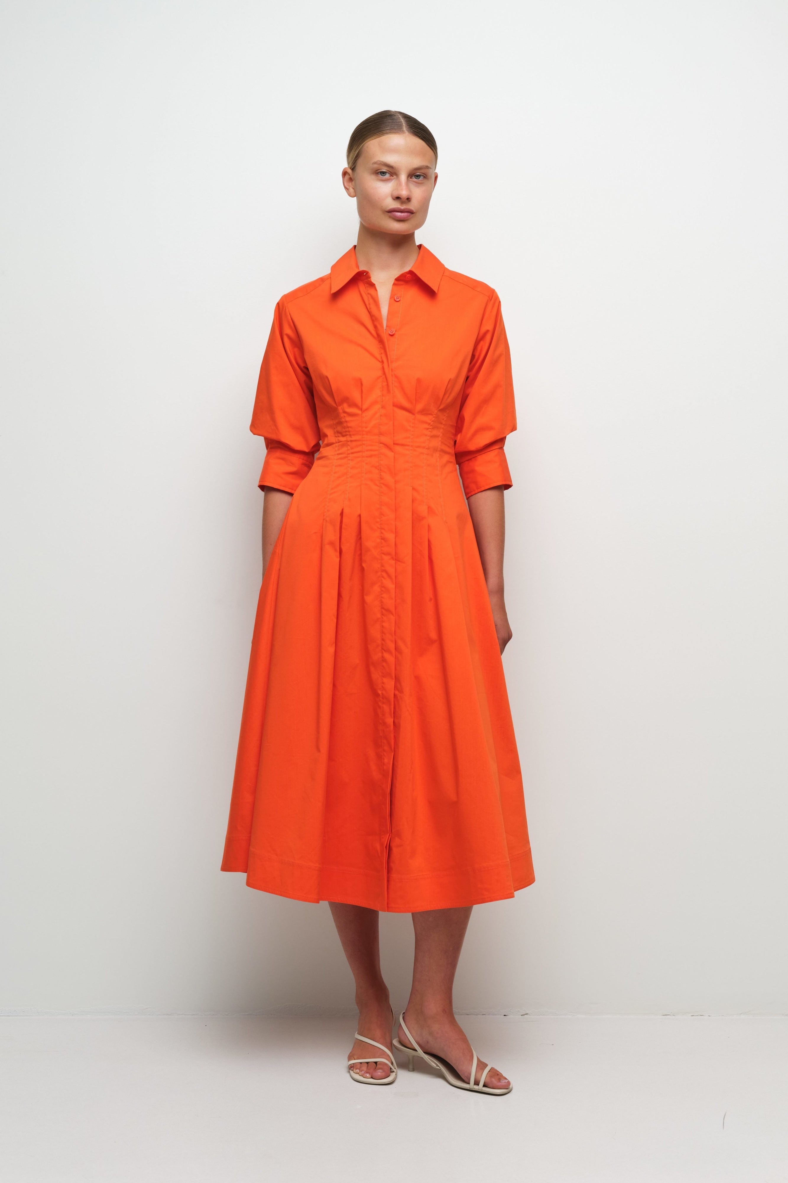 DRESSES/JUMPSUITS Jazz Pinktuck Midi Dress in Lobster Simkhai