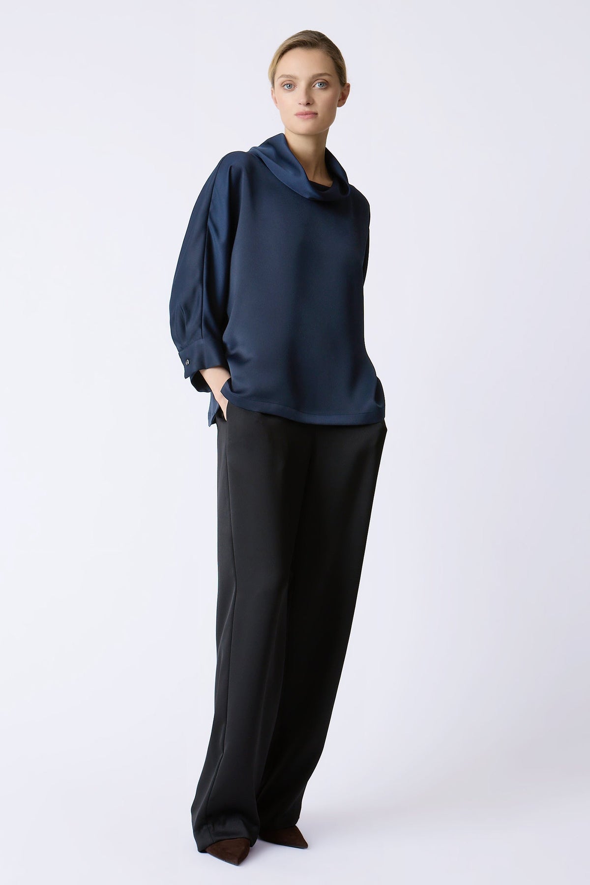 BLOUSES/SHIRTS/TOPS Ellie Satin T-neck in Navy Kal Rieman