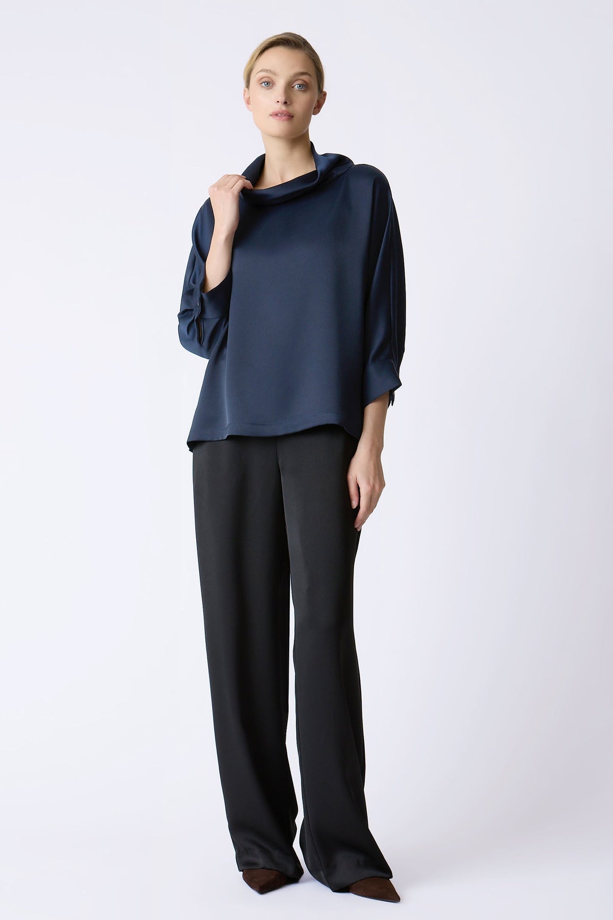 BLOUSES/SHIRTS/TOPS Ellie Satin T-neck in Navy Kal Rieman