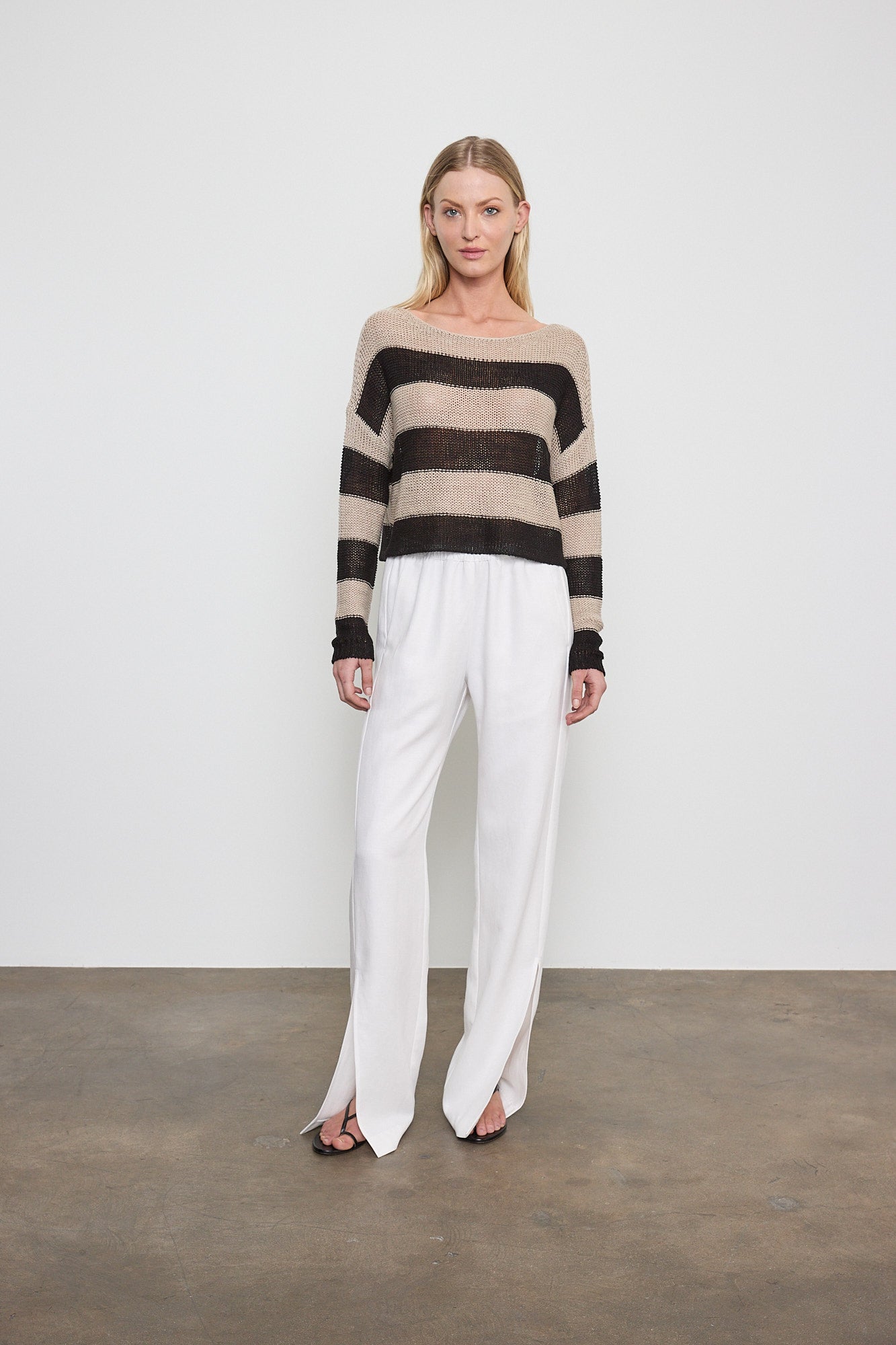 SWEATERS Stripe Linen Bateau Sweater in Oatmeal & Black Enza Costa