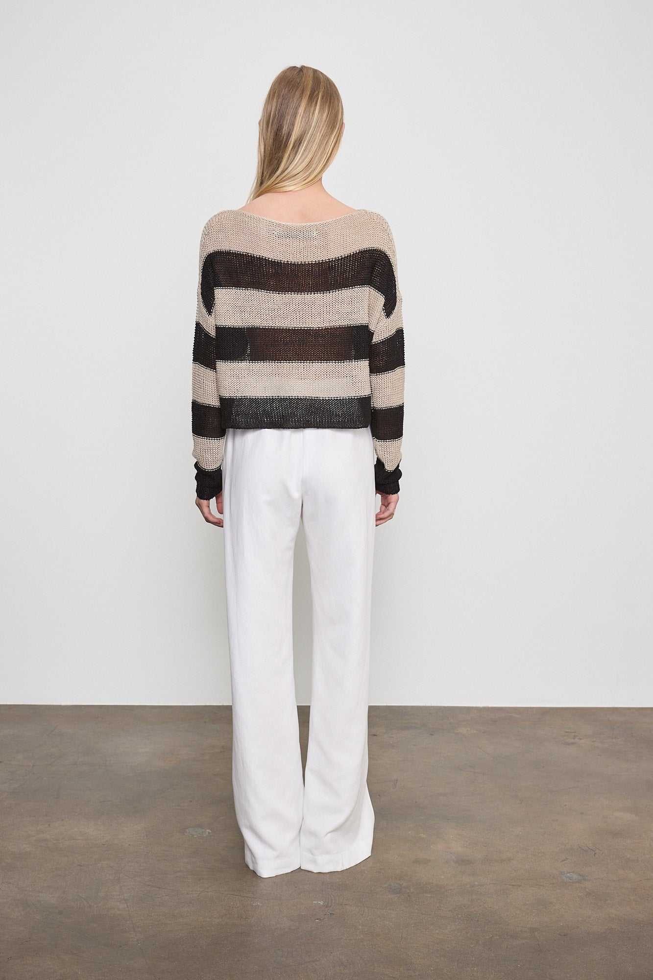 SWEATERS Stripe Linen Bateau Sweater in Oatmeal & Black Enza Costa