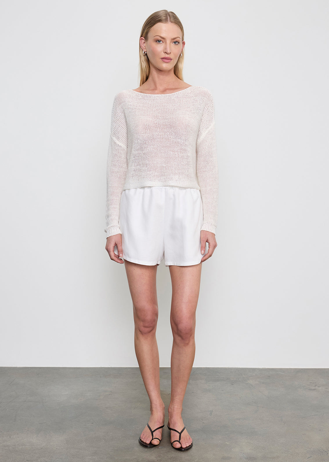 SWEATERS Linen Open Knit Bateau Sweater in White Enza Costa