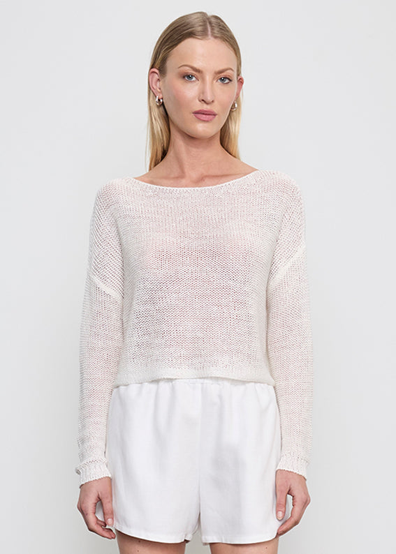 SWEATERS Linen Open Knit Bateau Sweater in White Enza Costa