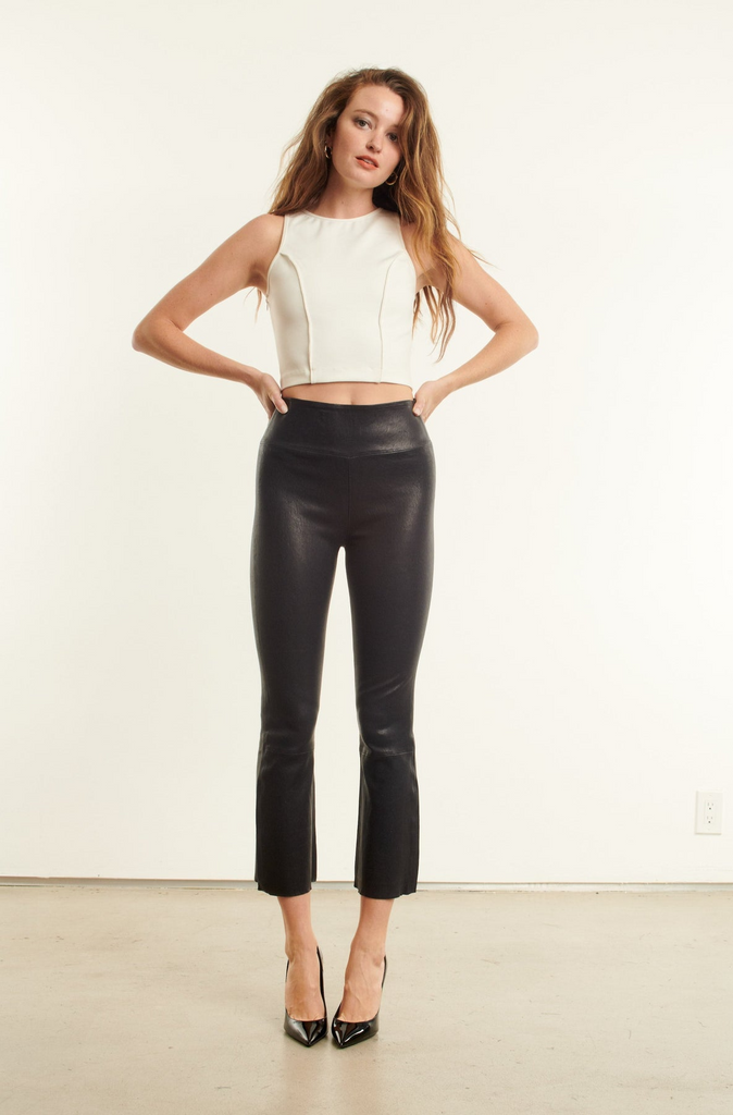 Leather Pants SPRWMN Cropped Flare Leather Leggings in Navy Sprwmn
