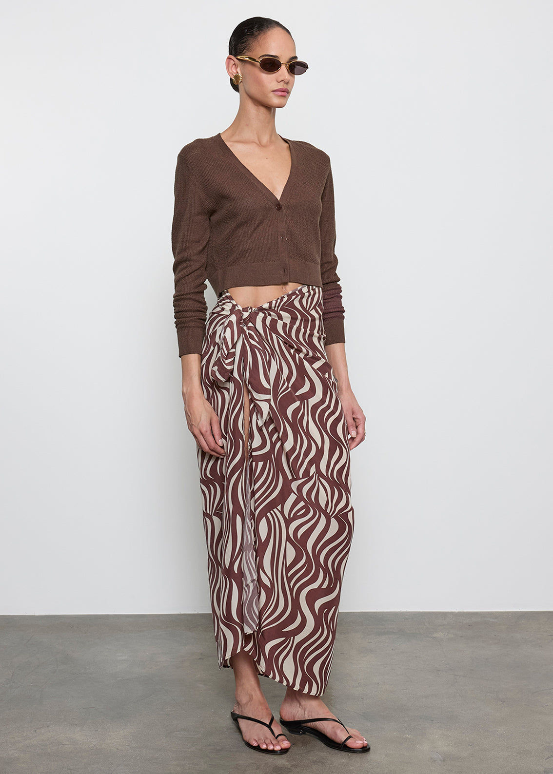 SWEATERS Linen Open Knit Cropped V-Neck Cardi in Chocolate Enza Costa