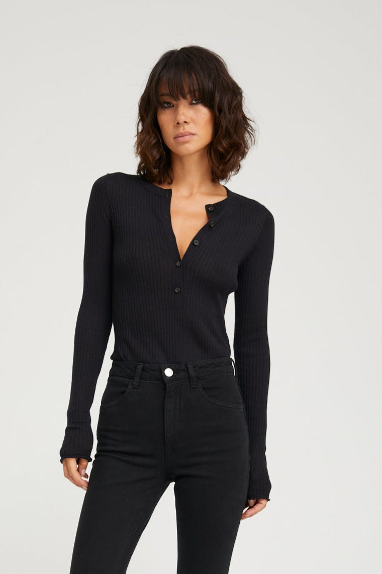 BLOUSES/SHIRTS/TOPS Long Sleeve Cashmere Henley in Black SPRWMN