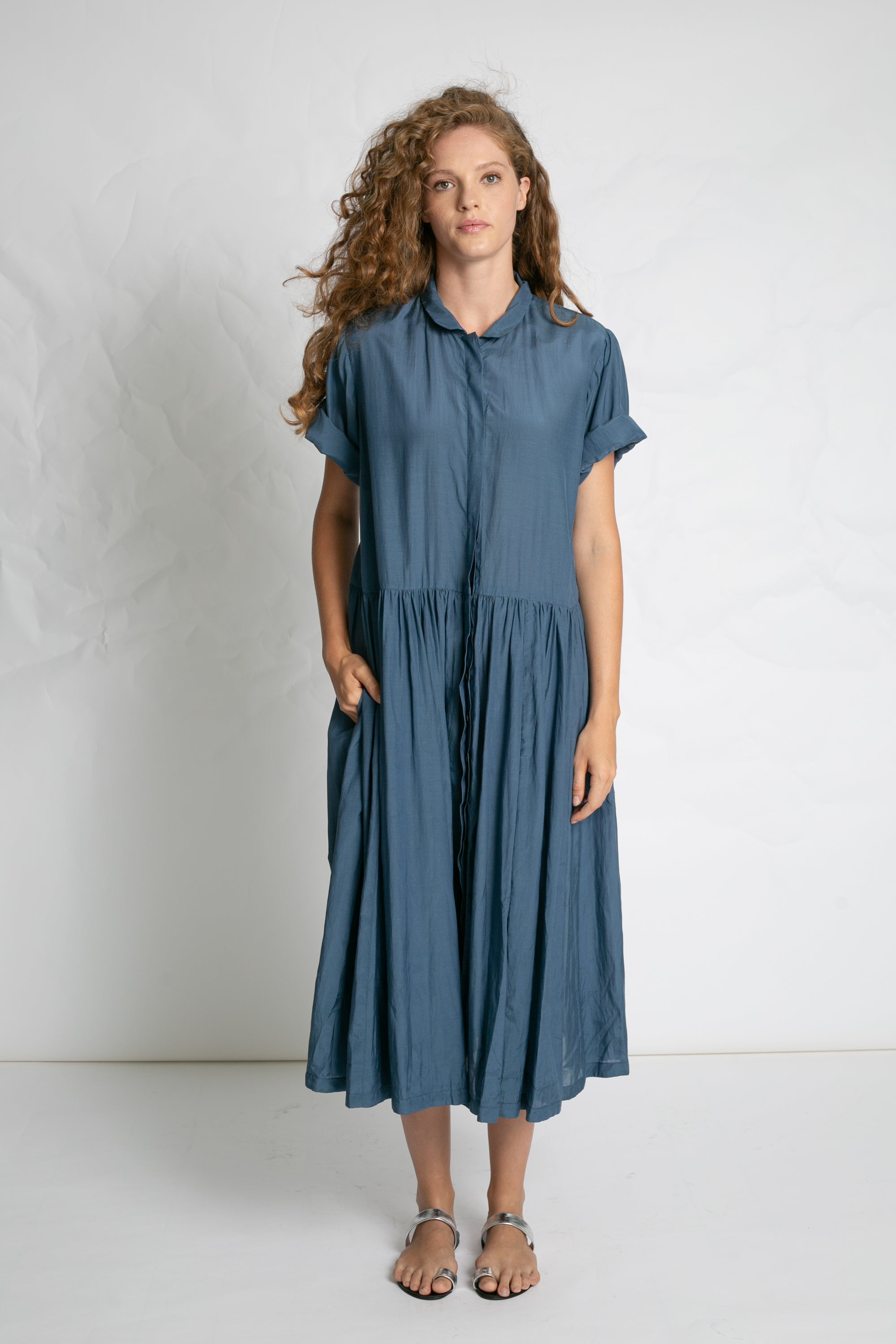 DRESSES/JUMPSUITS Light Cotton Button Dress in Grey Blue Les Filles d'Ailleurs