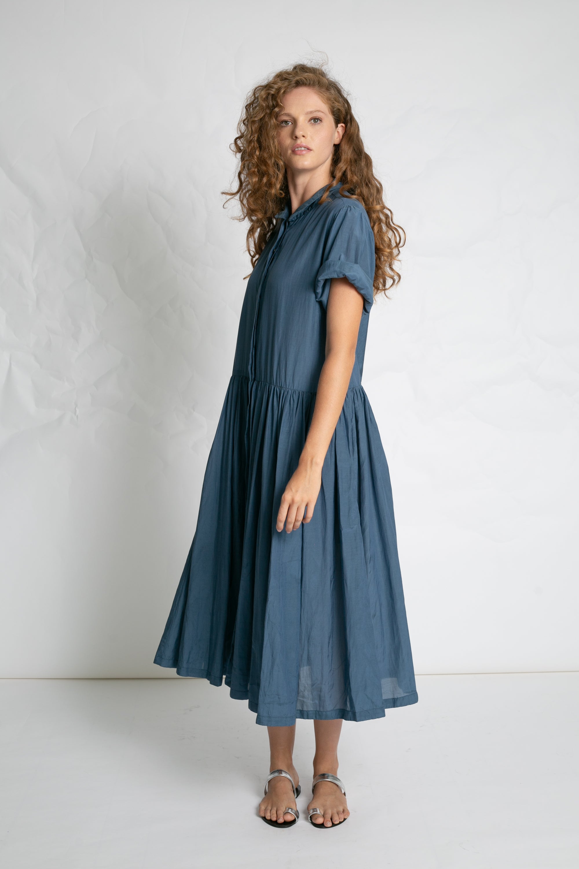 DRESSES/JUMPSUITS Light Cotton Button Dress in Grey Blue Les Filles d'Ailleurs