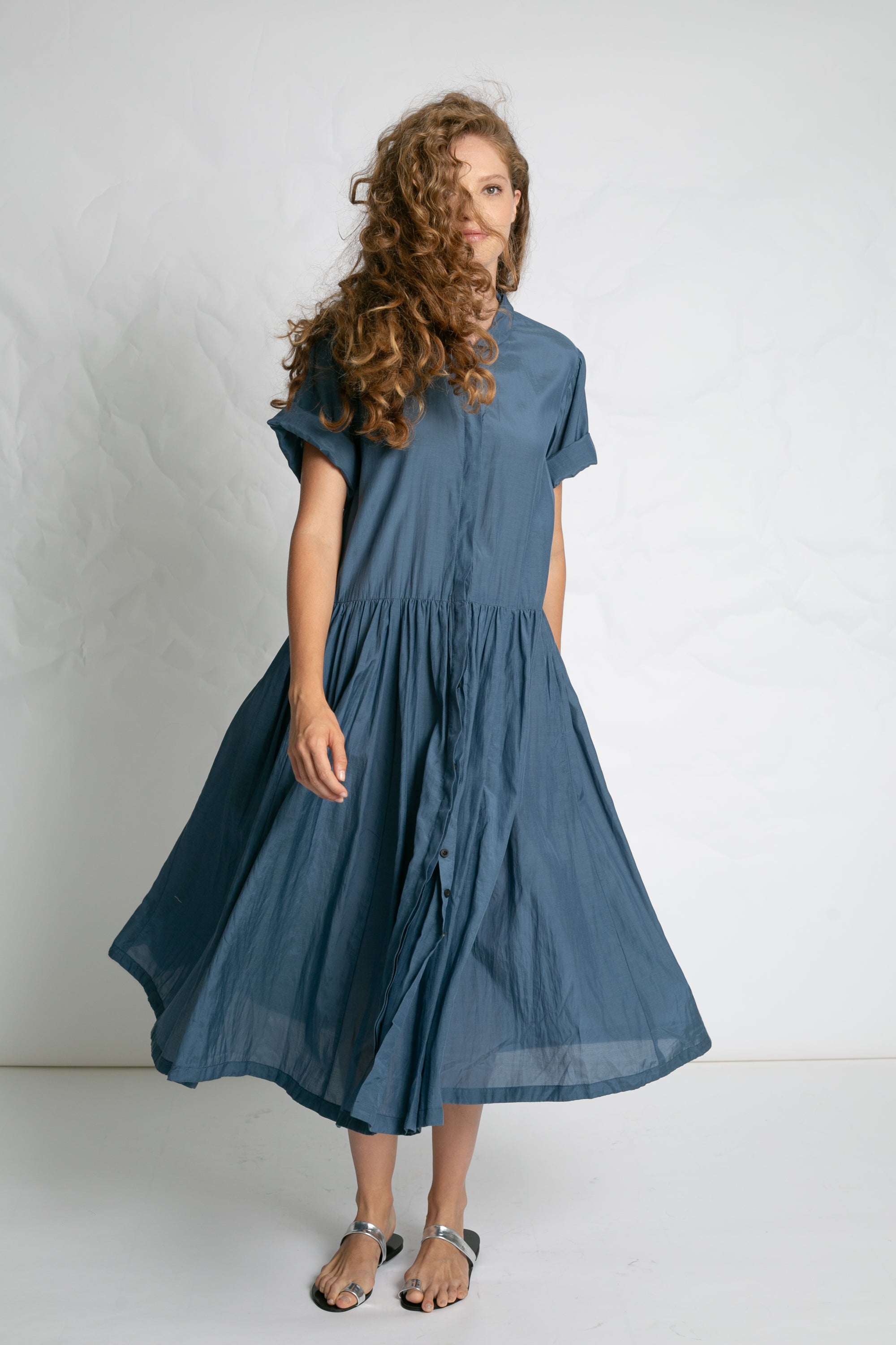 DRESSES/JUMPSUITS Light Cotton Button Dress in Grey Blue Les Filles d'Ailleurs