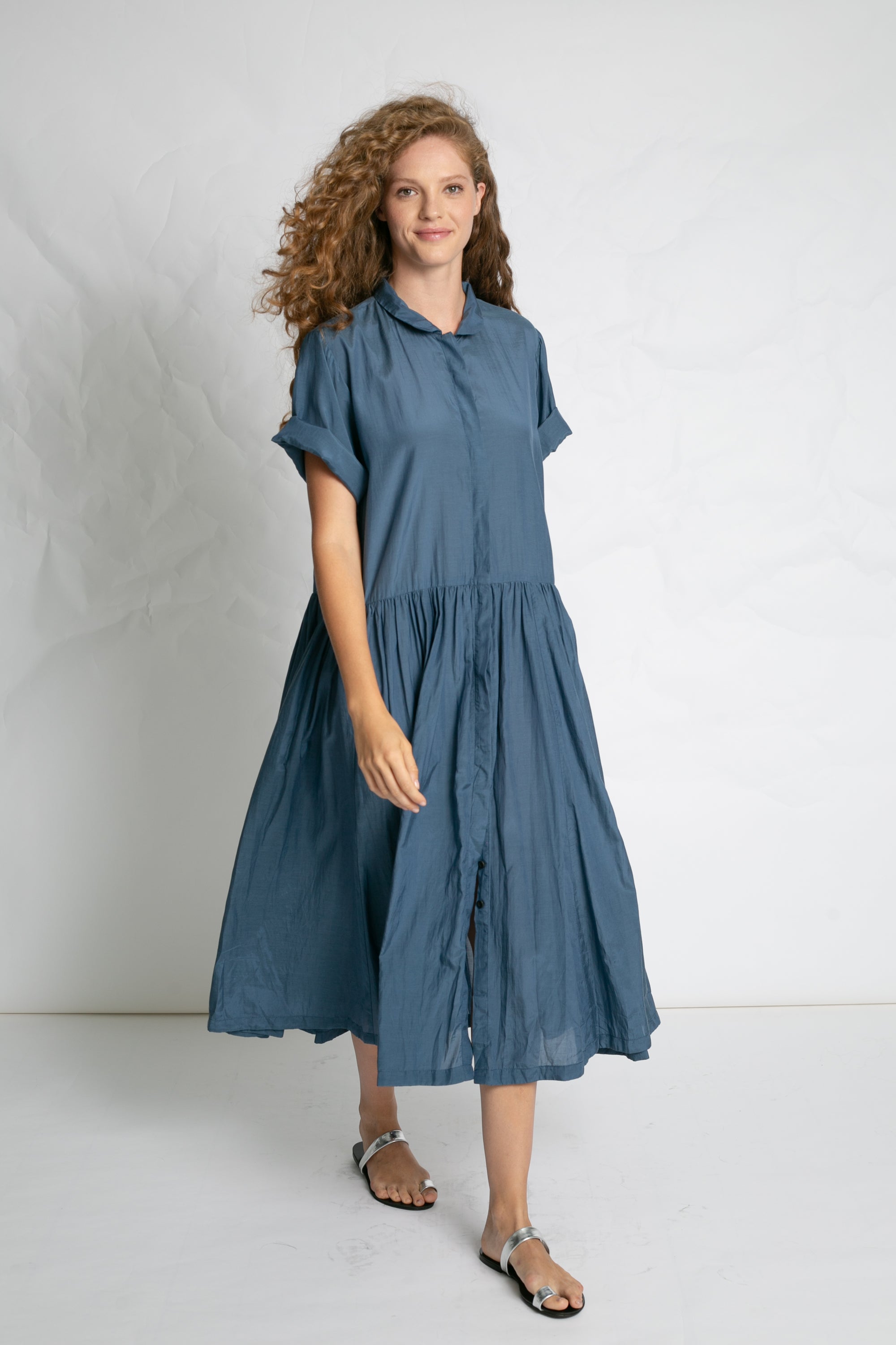 DRESSES/JUMPSUITS Light Cotton Button Dress in Grey Blue Les Filles d'Ailleurs