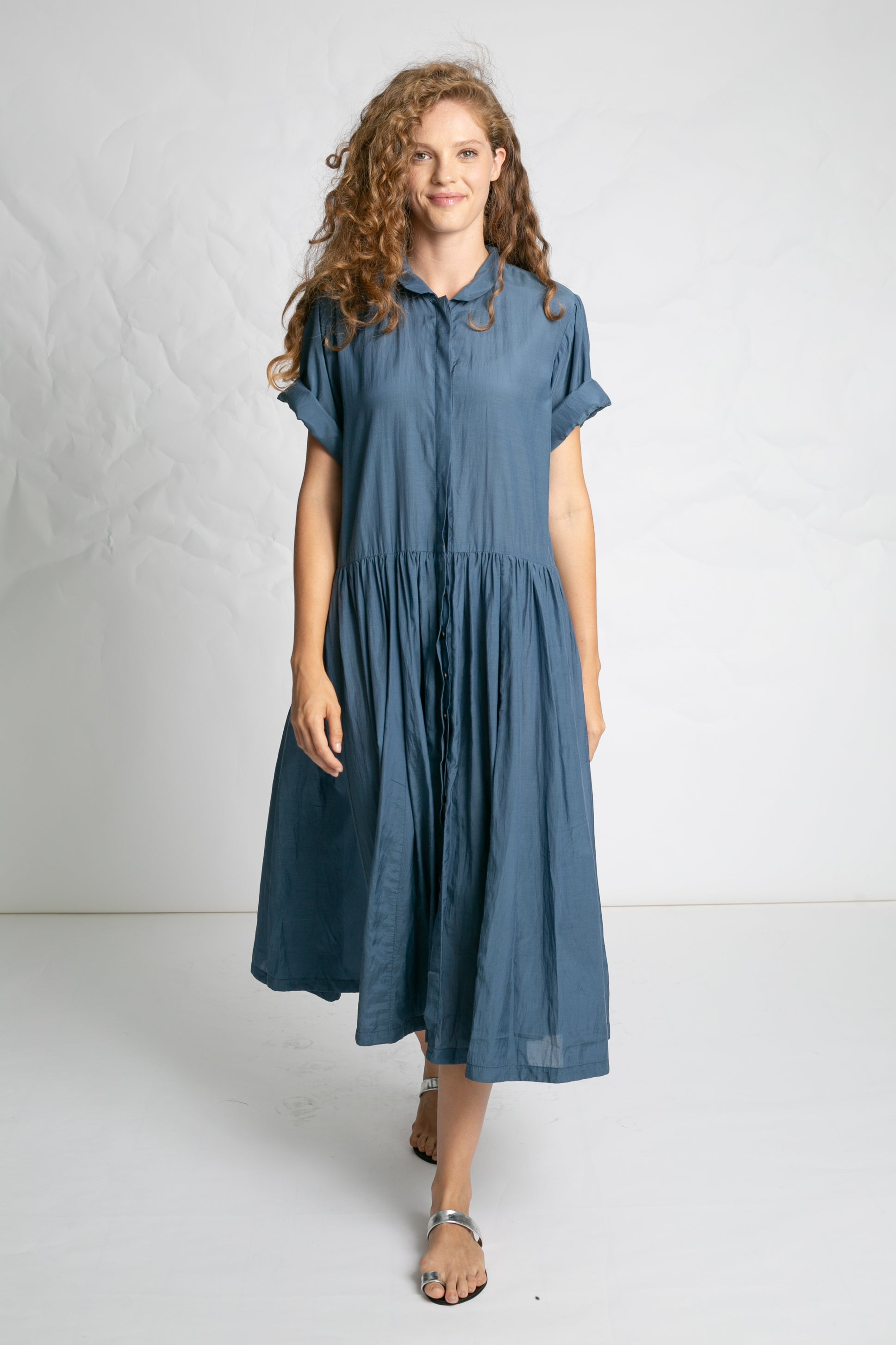 DRESSES/JUMPSUITS Light Cotton Button Dress in Grey Blue Les Filles d'Ailleurs