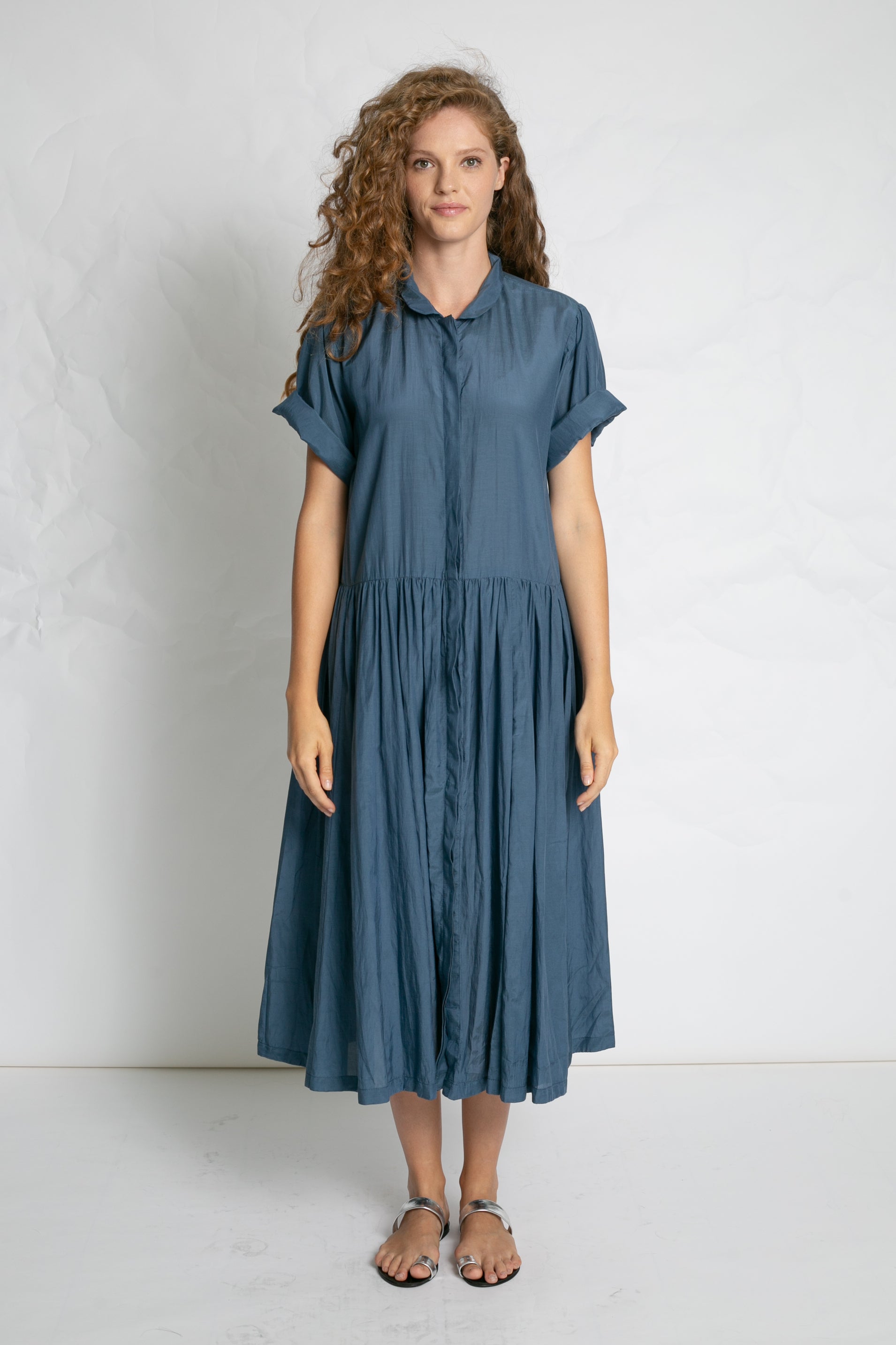 DRESSES/JUMPSUITS Light Cotton Button Dress in Grey Blue Les Filles d'Ailleurs