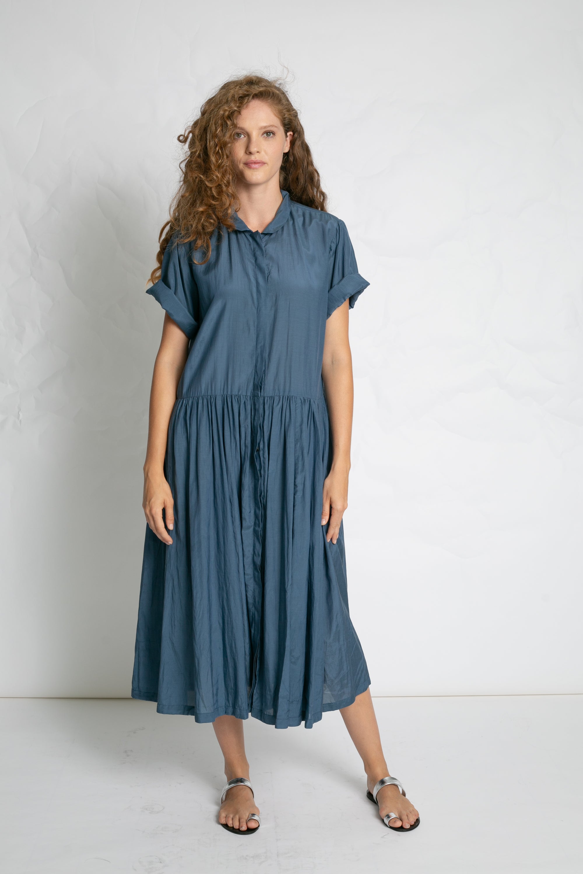 DRESSES/JUMPSUITS Light Cotton Button Dress in Grey Blue Les Filles d'Ailleurs