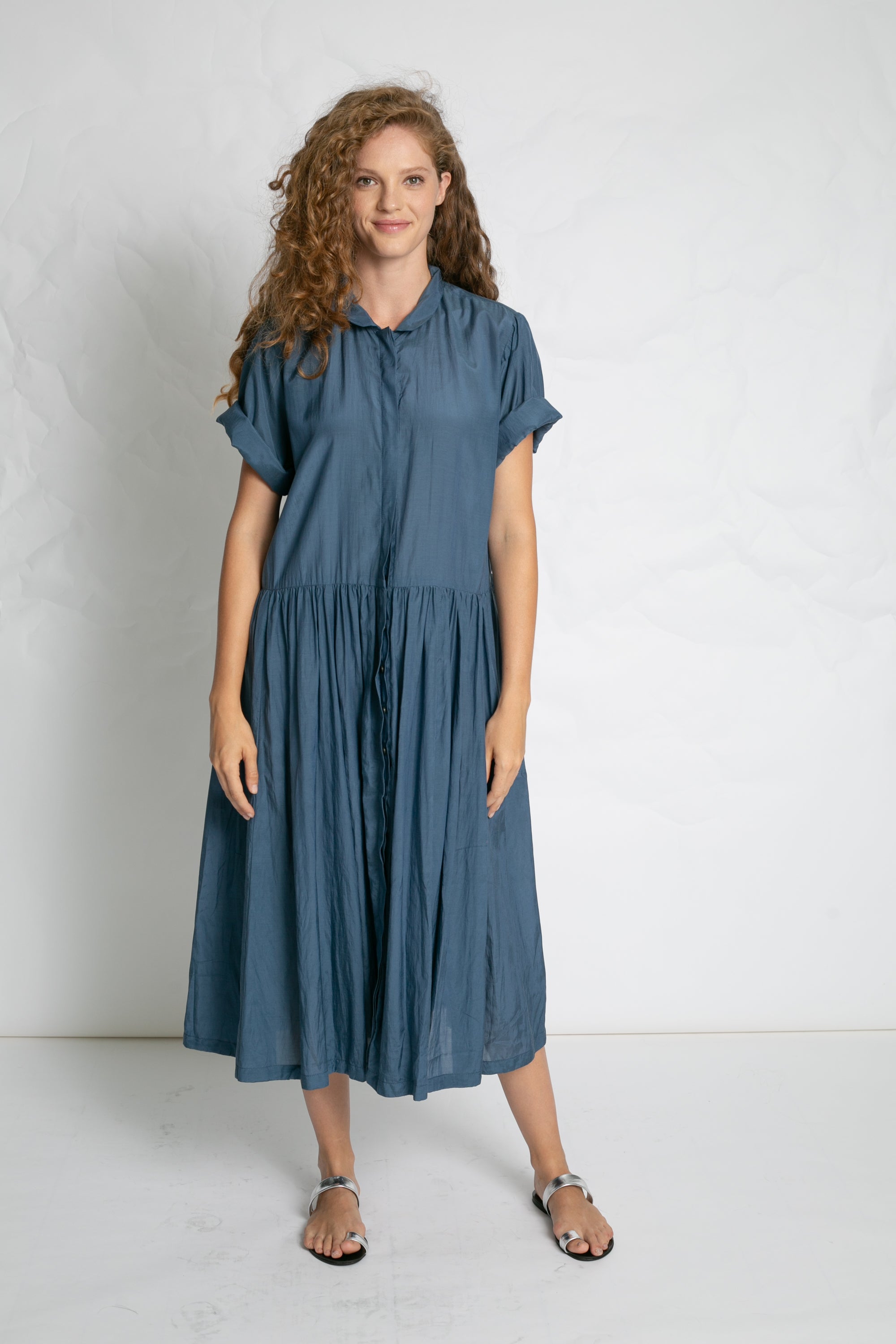DRESSES/JUMPSUITS Light Cotton Button Dress in Grey Blue Les Filles d'Ailleurs