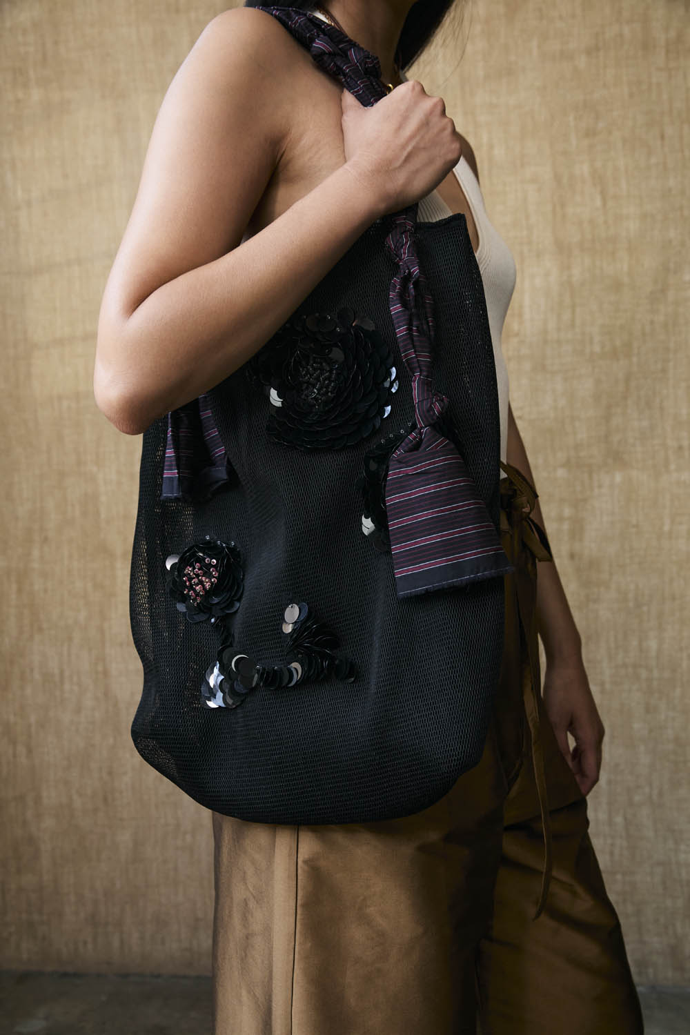 HANDBAGS Mesh Net Tote Black Sequin Floral Chan Luu