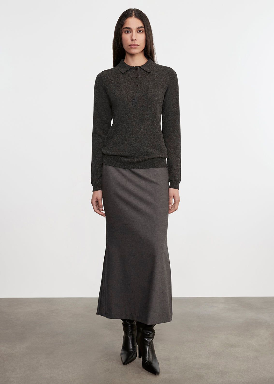 SWEATERS Knit Polo Sweater in Charcoal Enza Costa