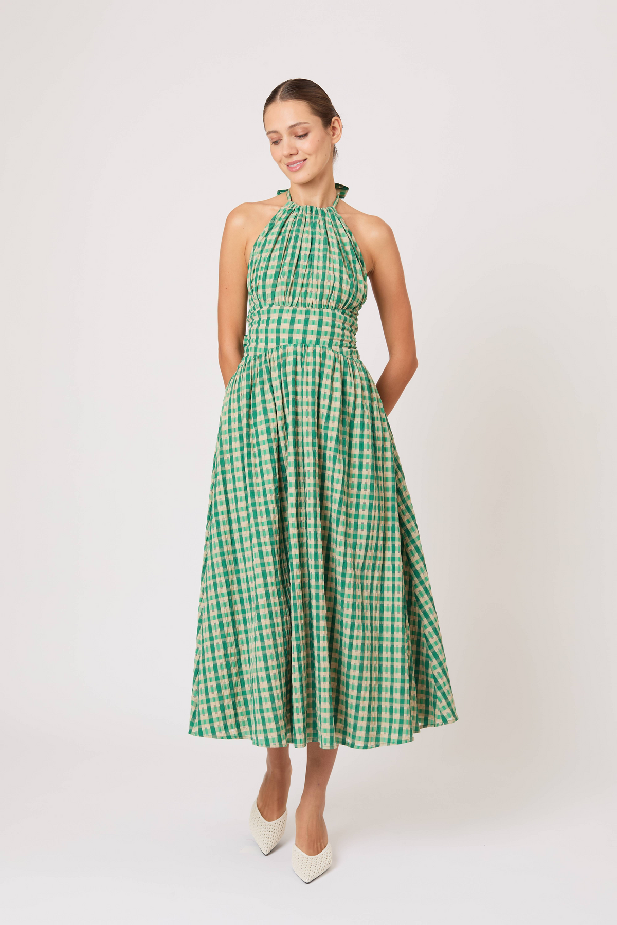 DRESSES/JUMPSUITS Halter in the Name of Love Dress in Green Check Rosie Assoulin