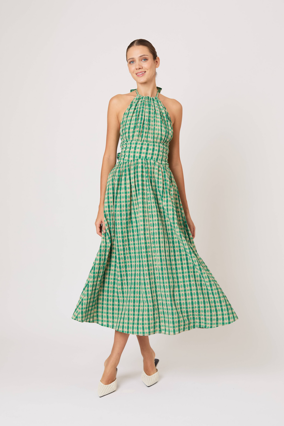 DRESSES/JUMPSUITS Halter in the Name of Love Dress in Green Check Rosie Assoulin