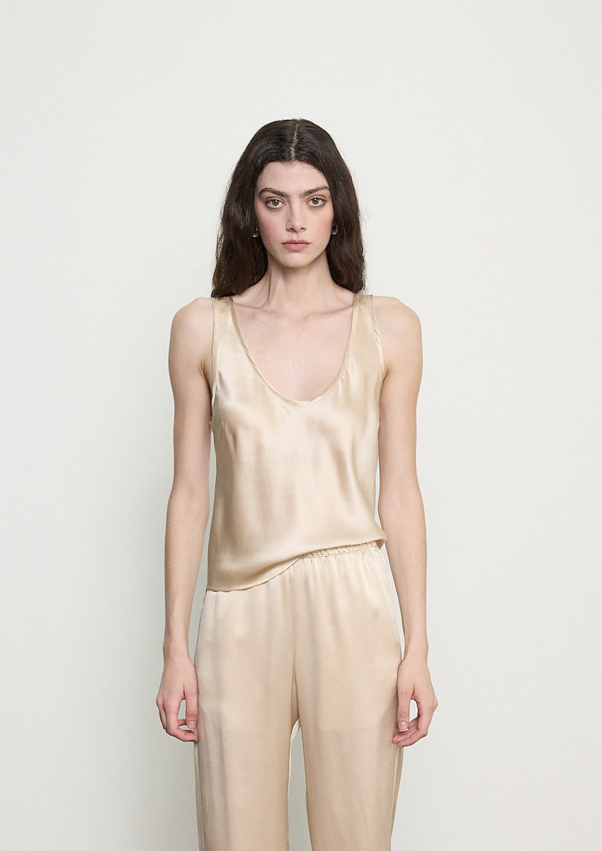TEES/TANKS Silk Satin U Tank in Beige Enza Costa