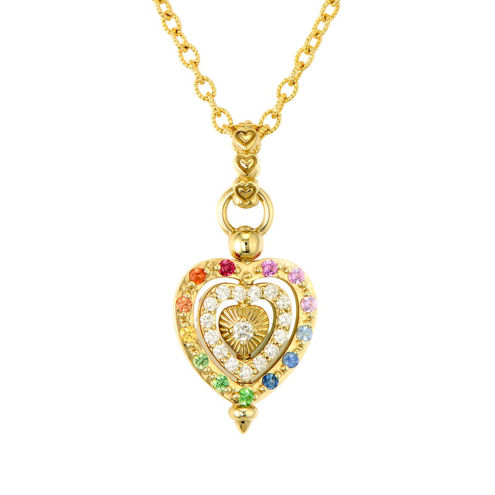 JEWELRY MEDIUM SPINNING DIAMOND, SAPPHIRE, & TURQUOISE HEART PENDANT Three Stories Jewelry