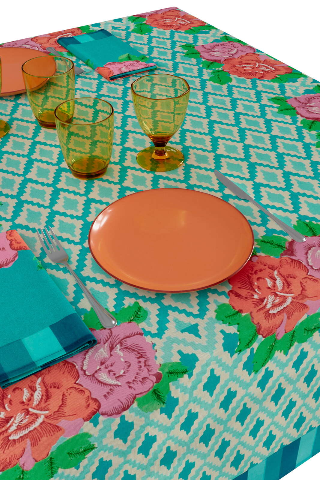 HOME DECOR Large Square Tablecloth in Hima Big Flower Turquoise Lisa Corti