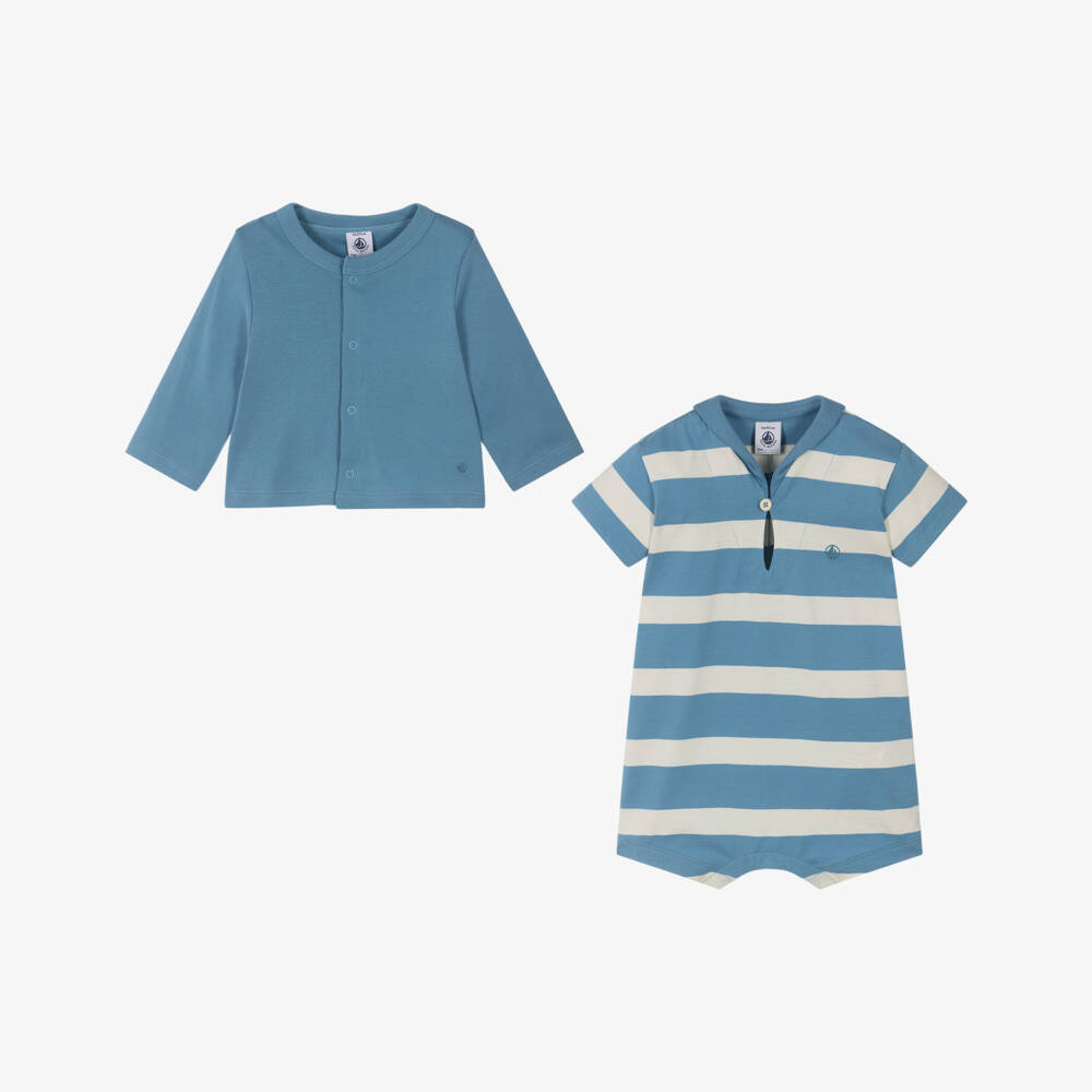 CHILDREN'S APPAREL Baby Boy Striped Romper and Cardigan Set in Blue Petit Bateau