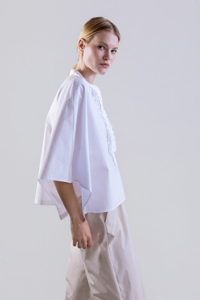 BLOUSES/SHIRTS/TOPS Baroque Ruffle Poplin Shirt in White Psophia