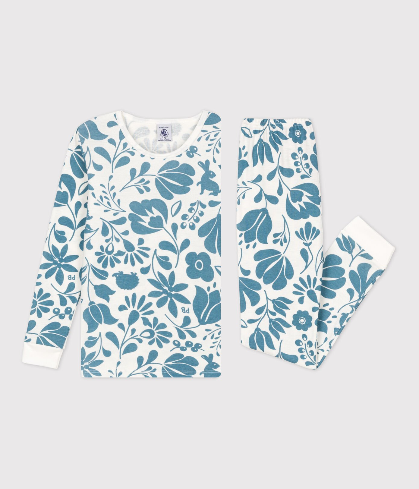 Girls + Boy Petit Bateau Floral PJs in White and Blue Petit Bateau