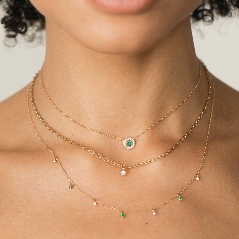 Necklaces Zoe Chicco Dangling Alternating Emerald and Diamond Necklace in Yellow Gold Zoe Chicco