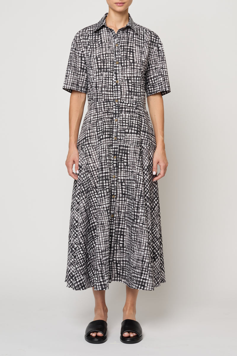 DRESSES/JUMPSUITS Paneled Shirt Dress in White & Black Gingham Atelier Delphine