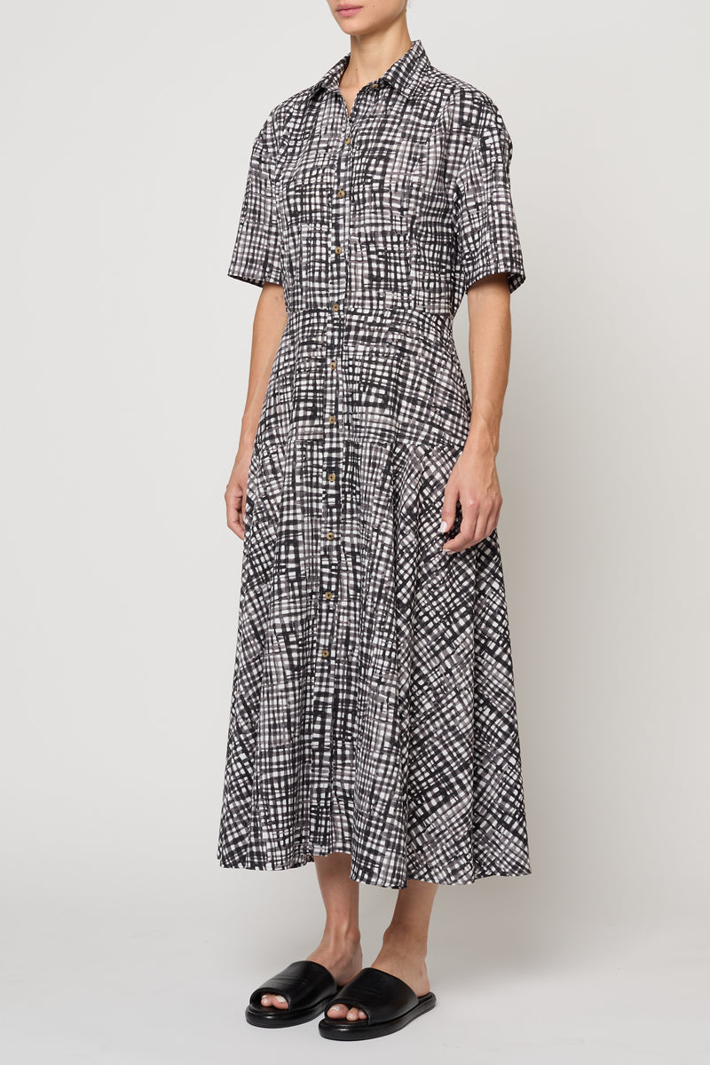 DRESSES/JUMPSUITS Paneled Shirt Dress in White & Black Gingham Atelier Delphine