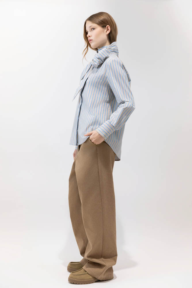 BLOUSES/SHIRTS/TOPS Bow Button Down in Oatmeal Stripe Psophia